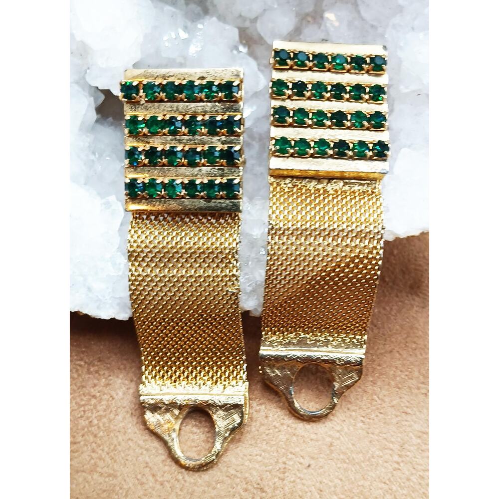 Vintage Gold Tone Emerald Green Rhinestone Mesh Wrap Toggle Cufflinks